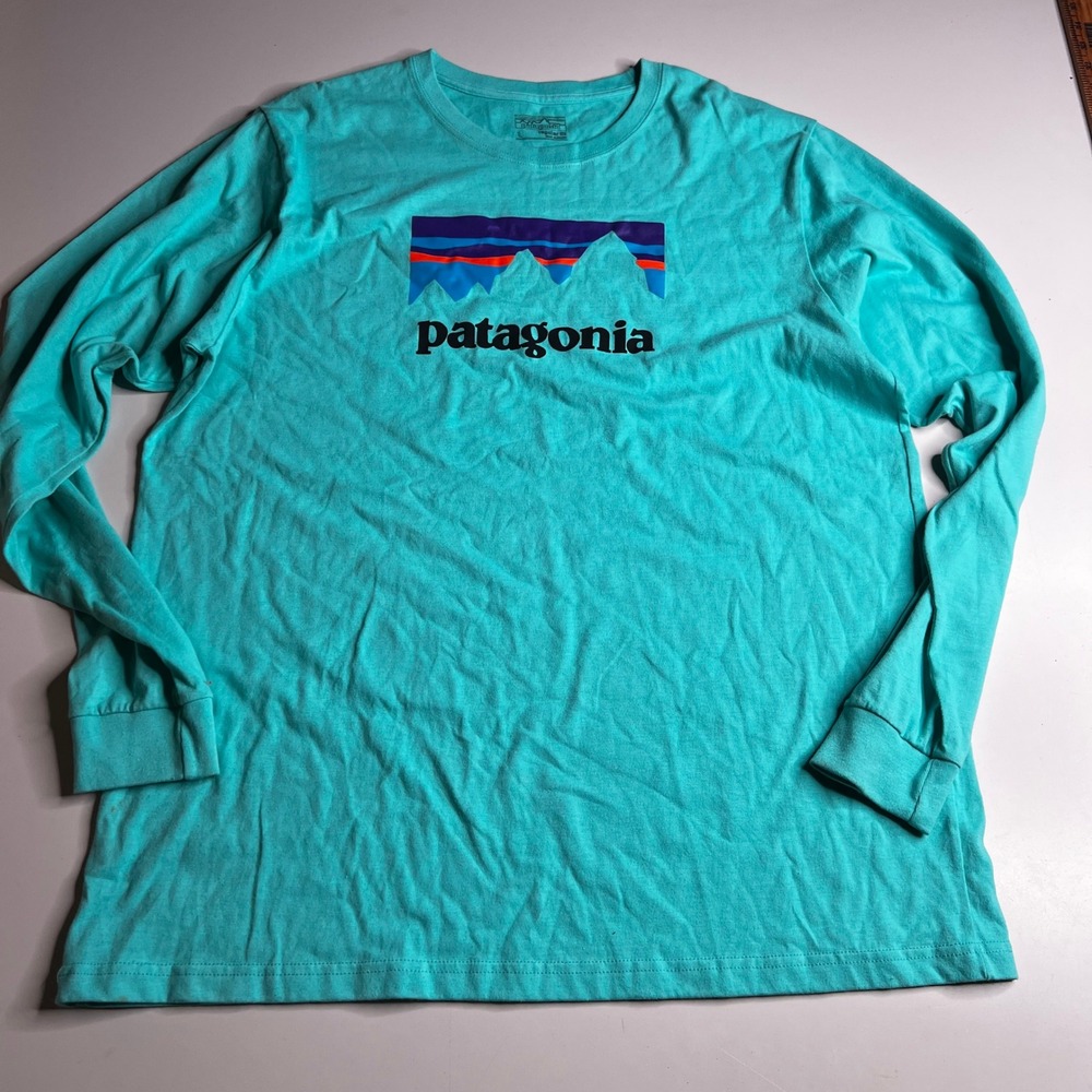 Patagonia Mens Long Sleeve Fitz Roy Logo Graphic T-Shirt Aqua‎ Blue Large L